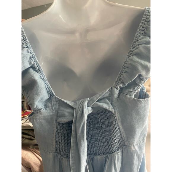 OLD‎ NAVY FIT & FLARE MAXI DRESS COTTON CHAMBRAY TIERED LIGHT WASH BLUE - Picture 11 of 12